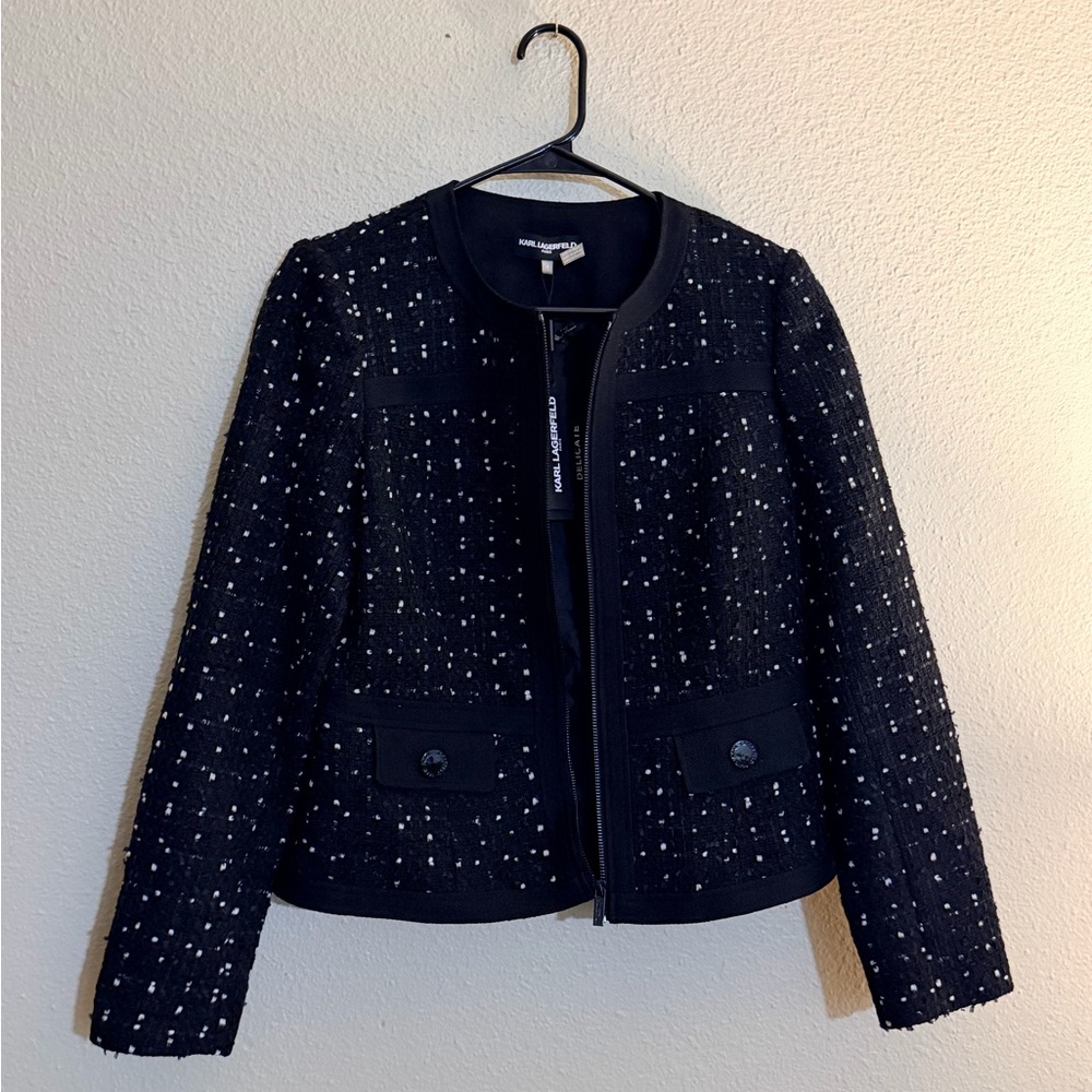 Karl Lagerfeld Paris Tweed Blazer Black Textured Zip Front Jacket | Size 4
